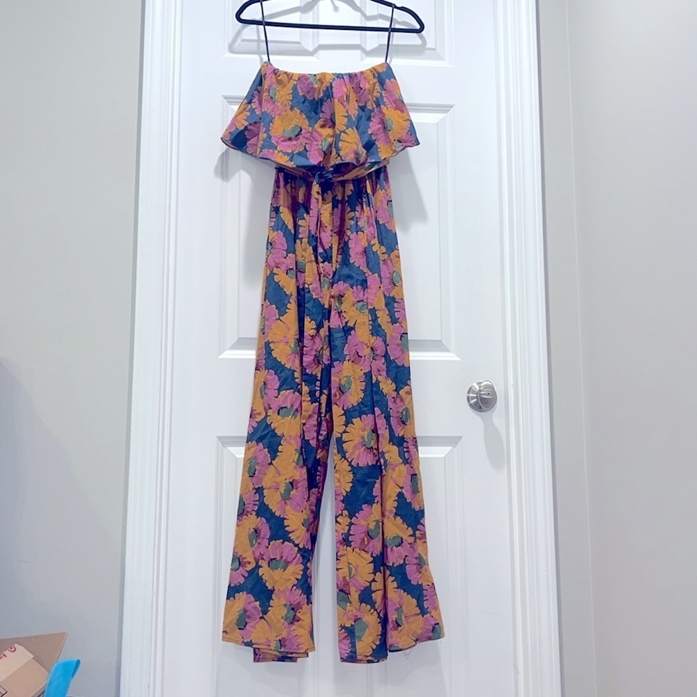 Aakaa wide leg floral jumpsuit tie waist strapless bubble top romper FALL